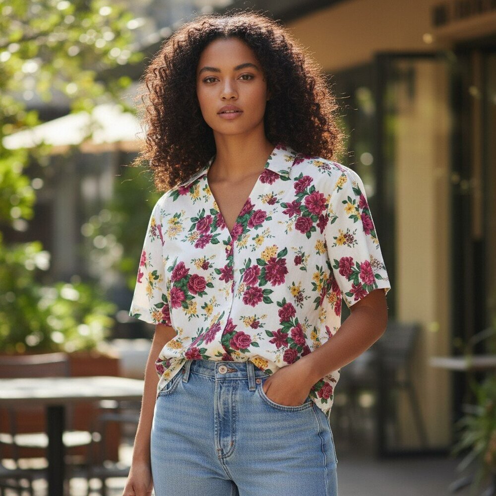Vintage Gitano Large Floral Button Up Shirt Accent Cottage Whimsy Boho NWT